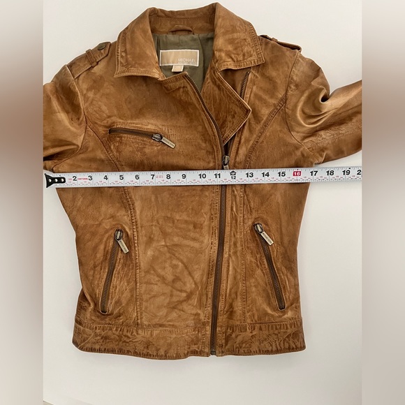 Michael Kors Leather Moto Biker Jacket Distressed Tan Luggage XS Small AUTHENTIC - Picture 5 of 14